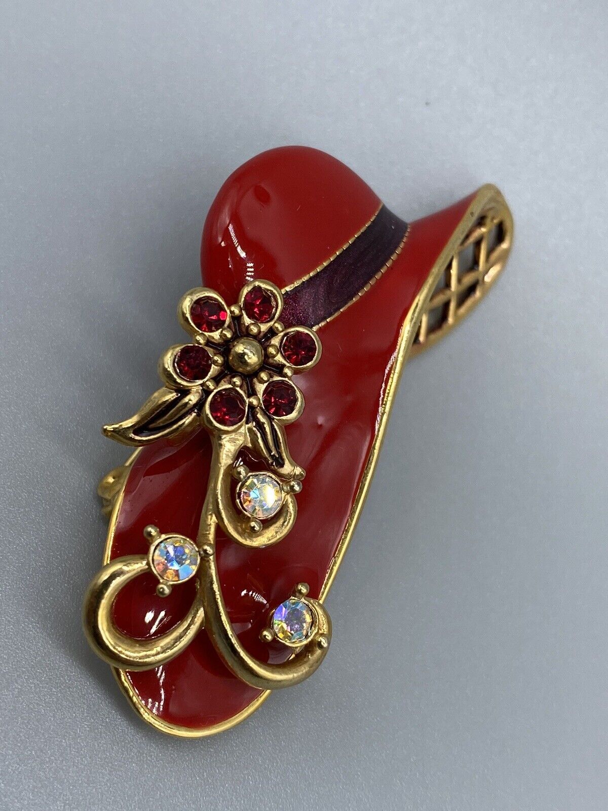 Vintage 1960s Brooch Pin Lapel Lady Hat Red Enamel Rhinestone Gold Tone