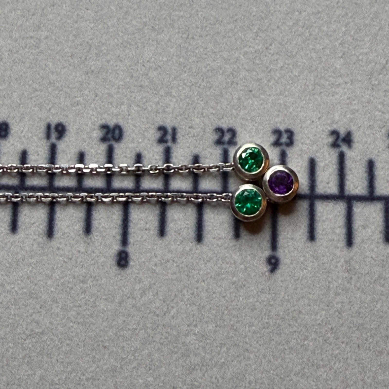 Vintage Sterling Silver 3 Stone Sliding Bezel Station Necklace Green & Purple CZ
