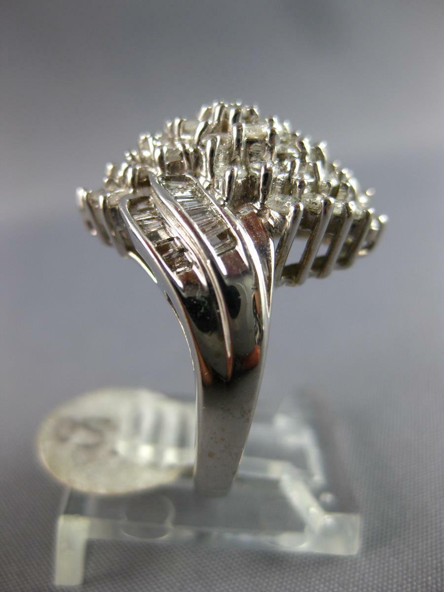LARGE 1.52CT DIAMOND 14KT WHITE GOLD 3D ROUND & BAGUETTE CLUSTER FLORAL FUN RING