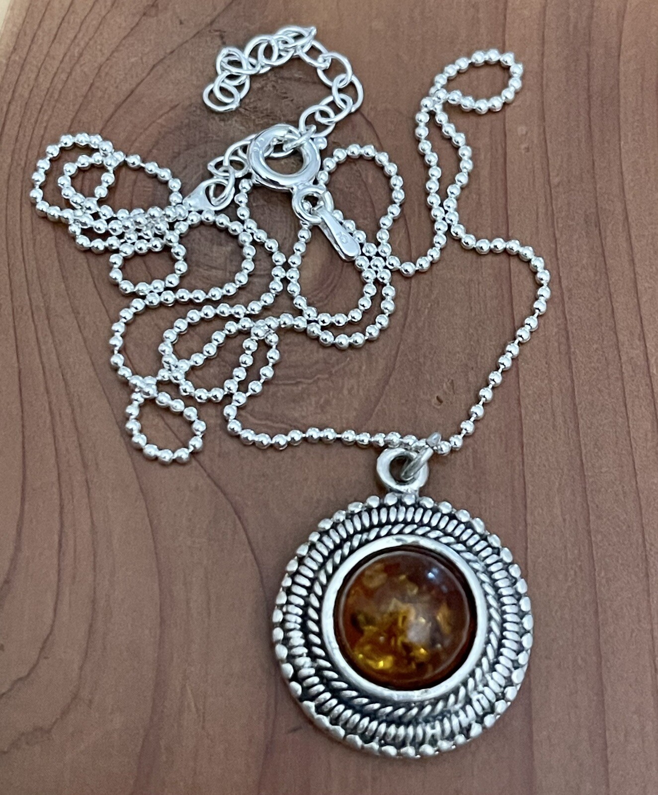 Vintage 925 Sterling Bali Beads, Honey Amber Round Pendant Necklace 16”-17.5” in