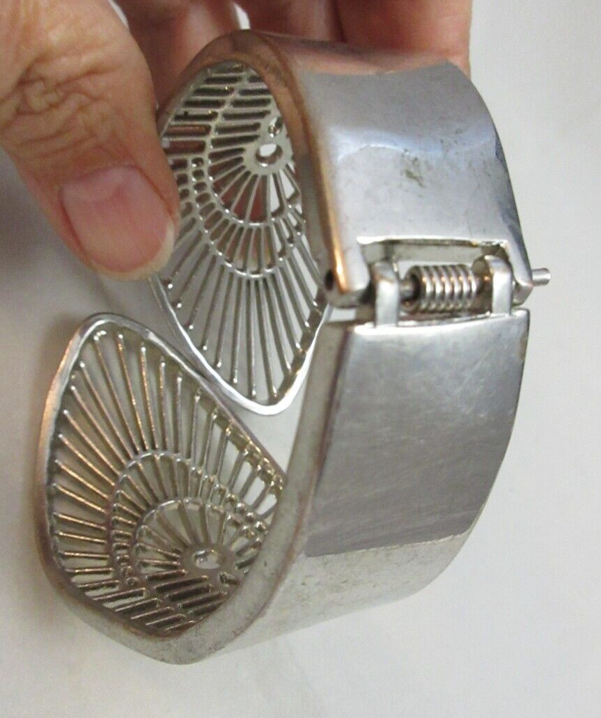 Wide Vintage Hinged Open Work Clamper Cuff Bracelet Silver Tone Wrap Around Look