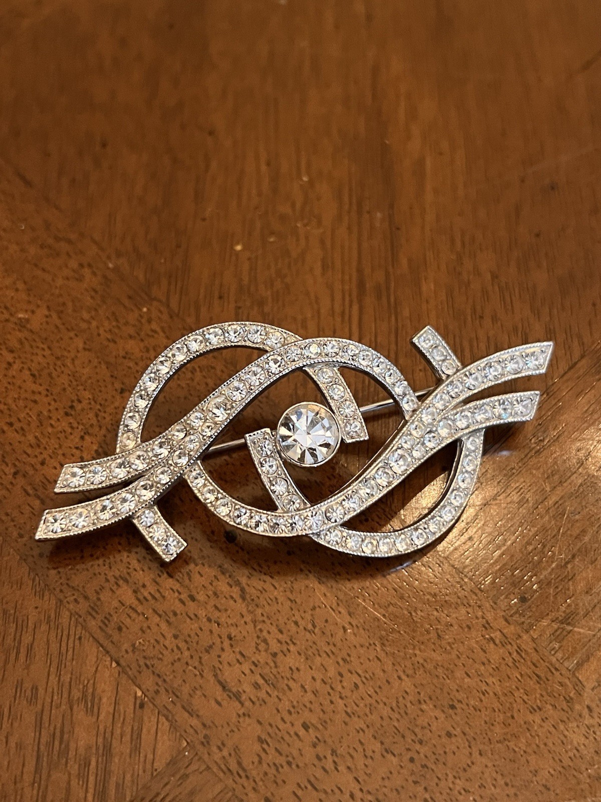 Vintage Ora Rhinestone Abstract Swirl Ribbon Brooch Silver Tone Signed Nice!