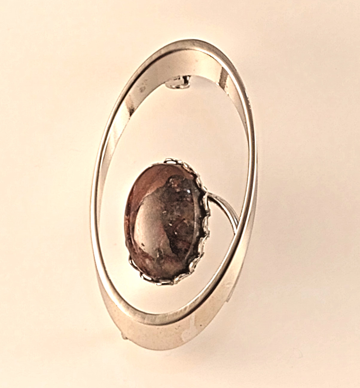 Vintage Silver Toned Oval Purple Banded Agate Jasper Cabochon Brooch Boho