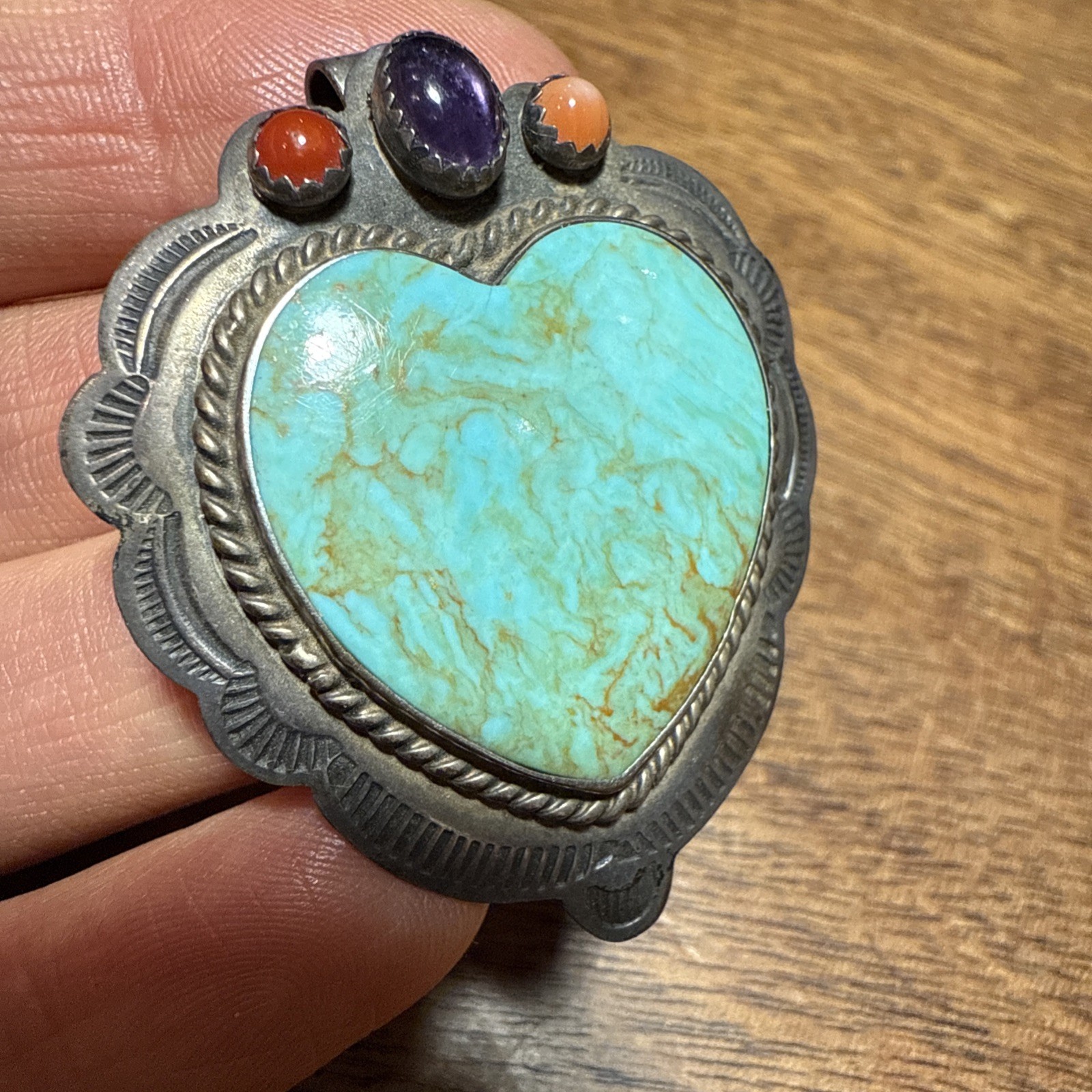 CM Gems Sterling Silver Turquoise Heart Removable Bail Pendant Brooch Spiny
