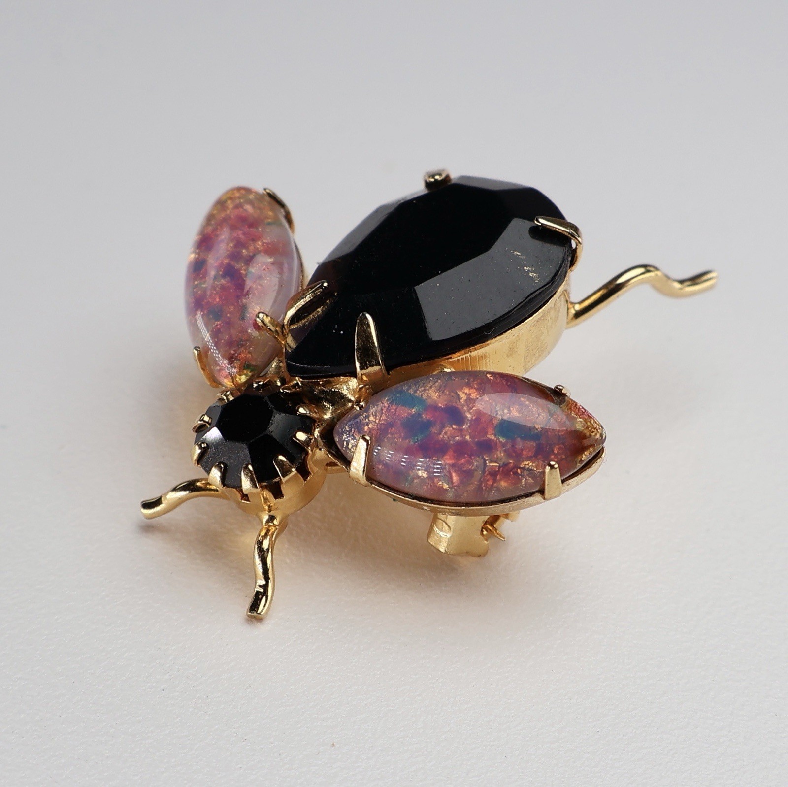 Vintage Bug Brooch Insect Glass Fire Opal Navettes Black Rhinestones Gold Tone