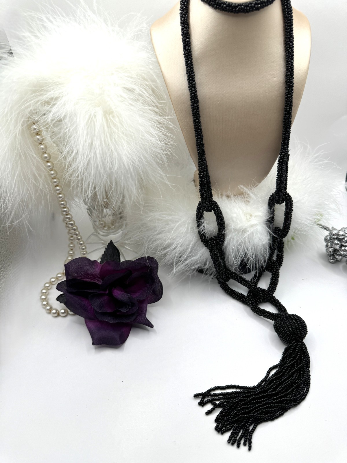 Designer Black Micro-Beaded Statement Necklace Multi-Looped Rare High End