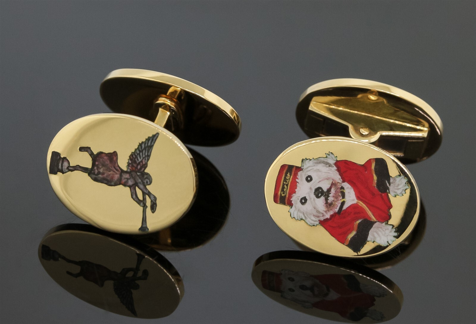 Vintage Deakin & Francis for Cartier Oval Enamel Dog Cufflinks 18K Yellow Gold