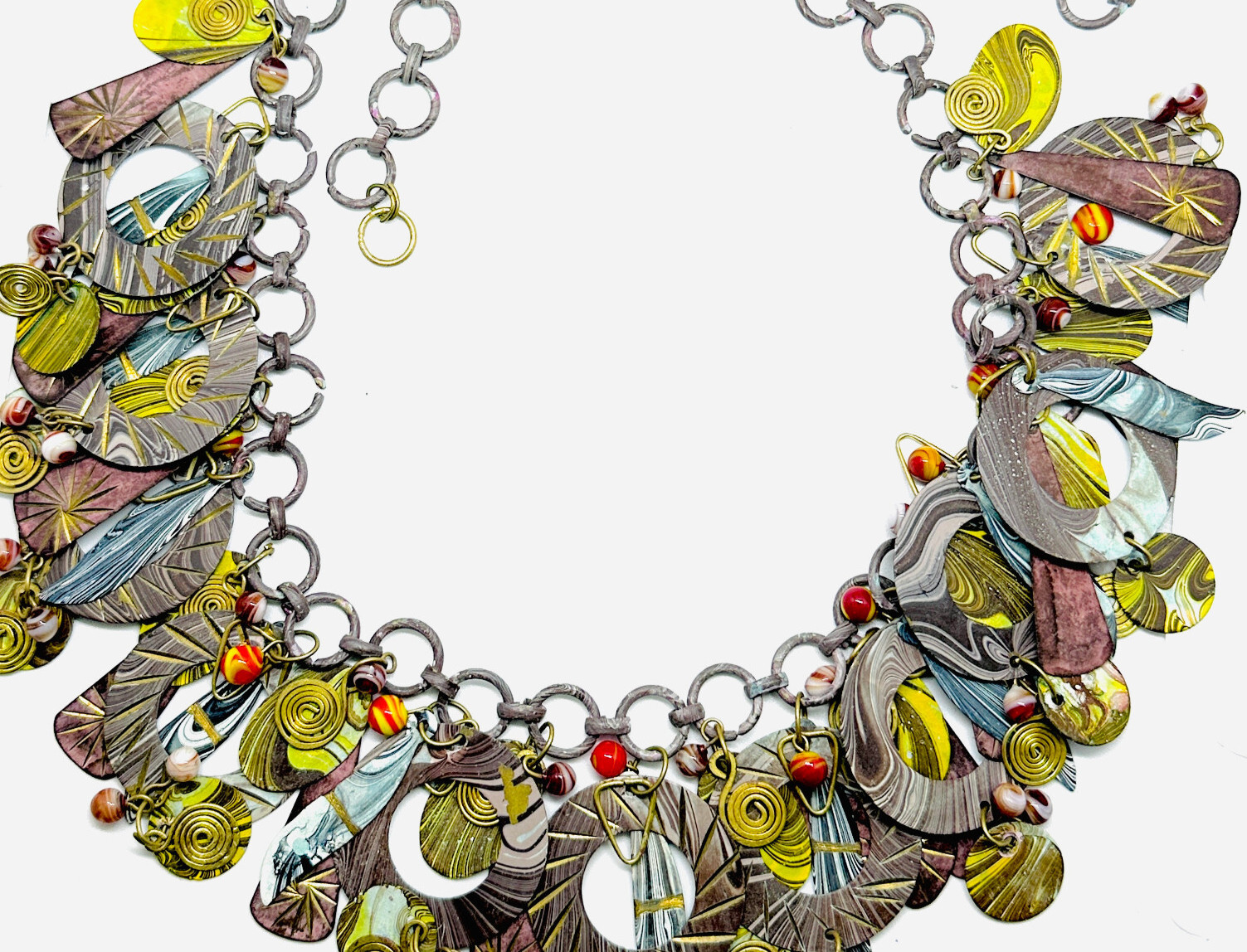 Vtg 1980s Fab Enamel Artisan Layered Metal Dangle Purple Pink Red Necklace