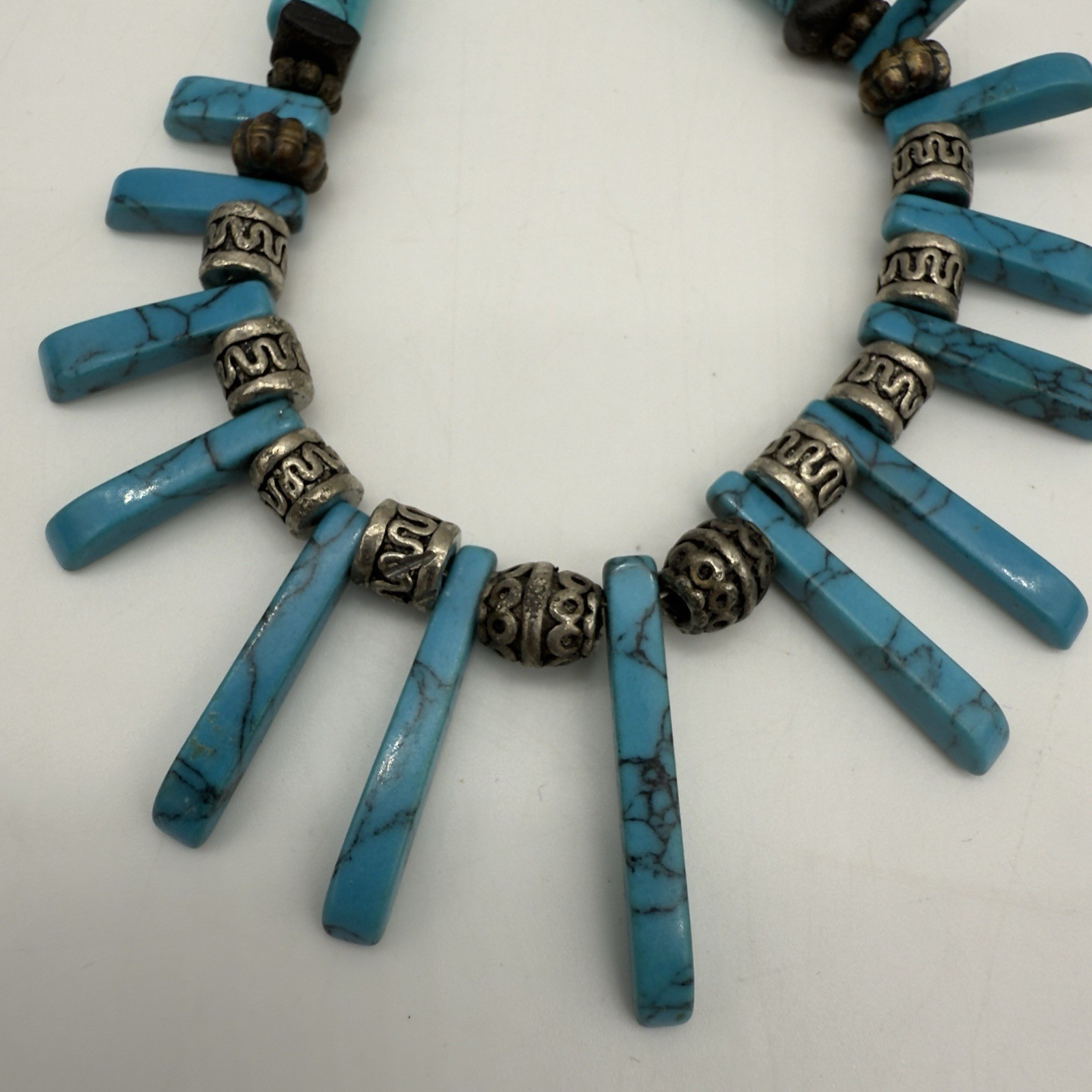 Vintage Southwestern Necklace Silver Tone Faux Turquoise Spike Slab Hippie Boho