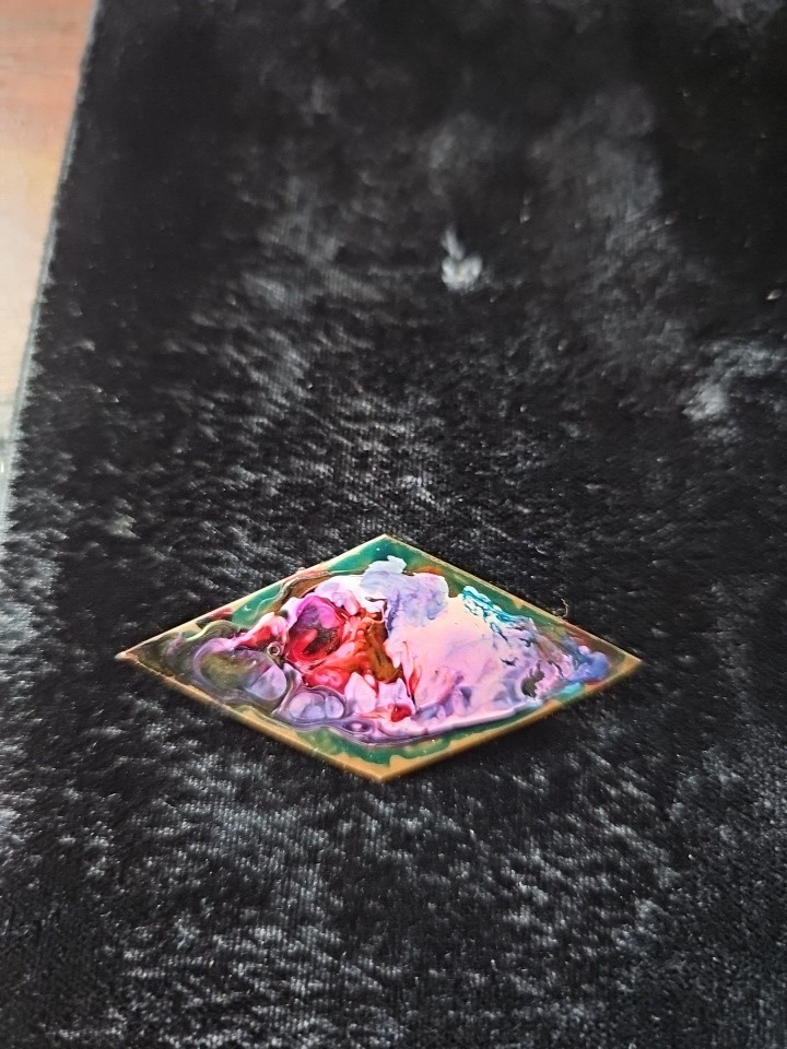 Vtg Copper Enamel Brooch/Pin Abstract Shape Pinks Purples Green Art Handpainted