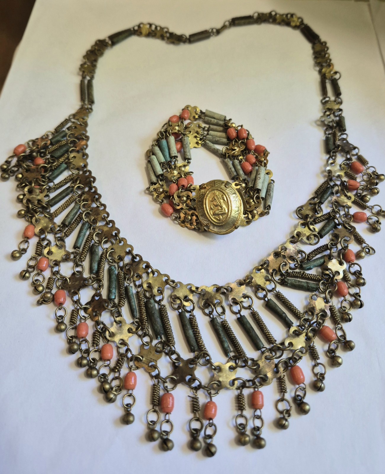 Vintage Egyptian Revival Faience Style Bib Necklace & Bracelet Brass Tone READ