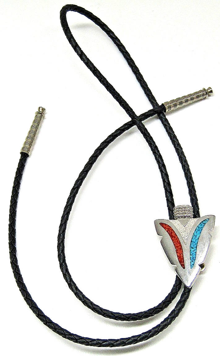 Vintage Southwestern Silver Tone Turquoise Coral Chip Inlay Bolo Tie Arrowhead
