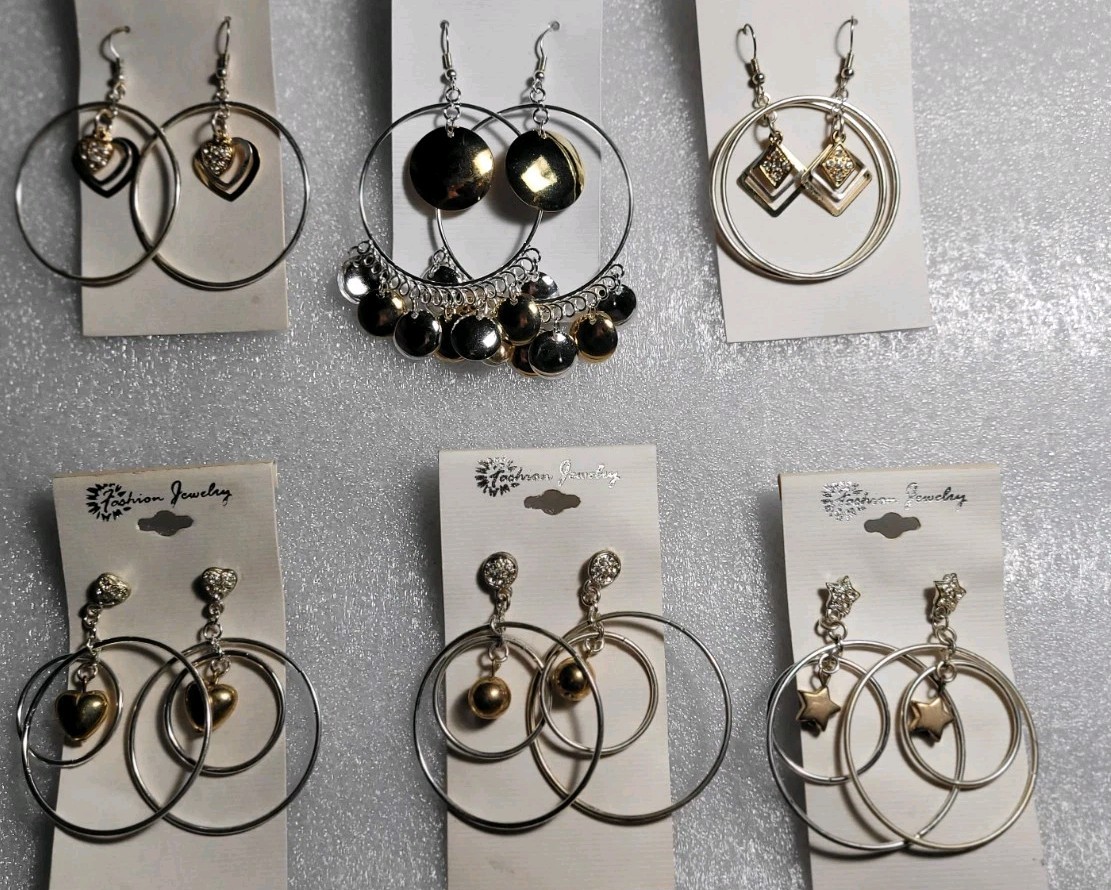 6 Pairs NEW VINTAGE DANGLE HOOPS EARRINGS PIERCED DROP BIG CLASSIC • OLD STOCK