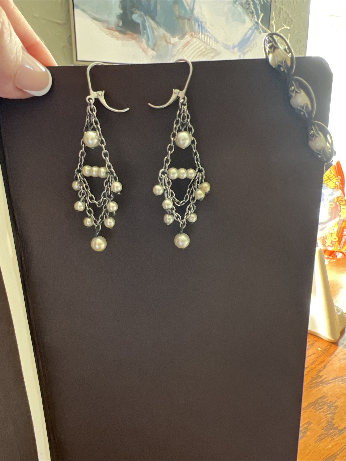 Vintage Antique Brooch& matching Chain& Pearl pierced Earrings.