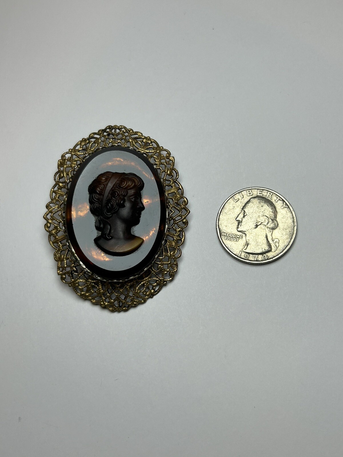 Vintage – Beautiful Brown Cameo With Gold Tone Filigree.