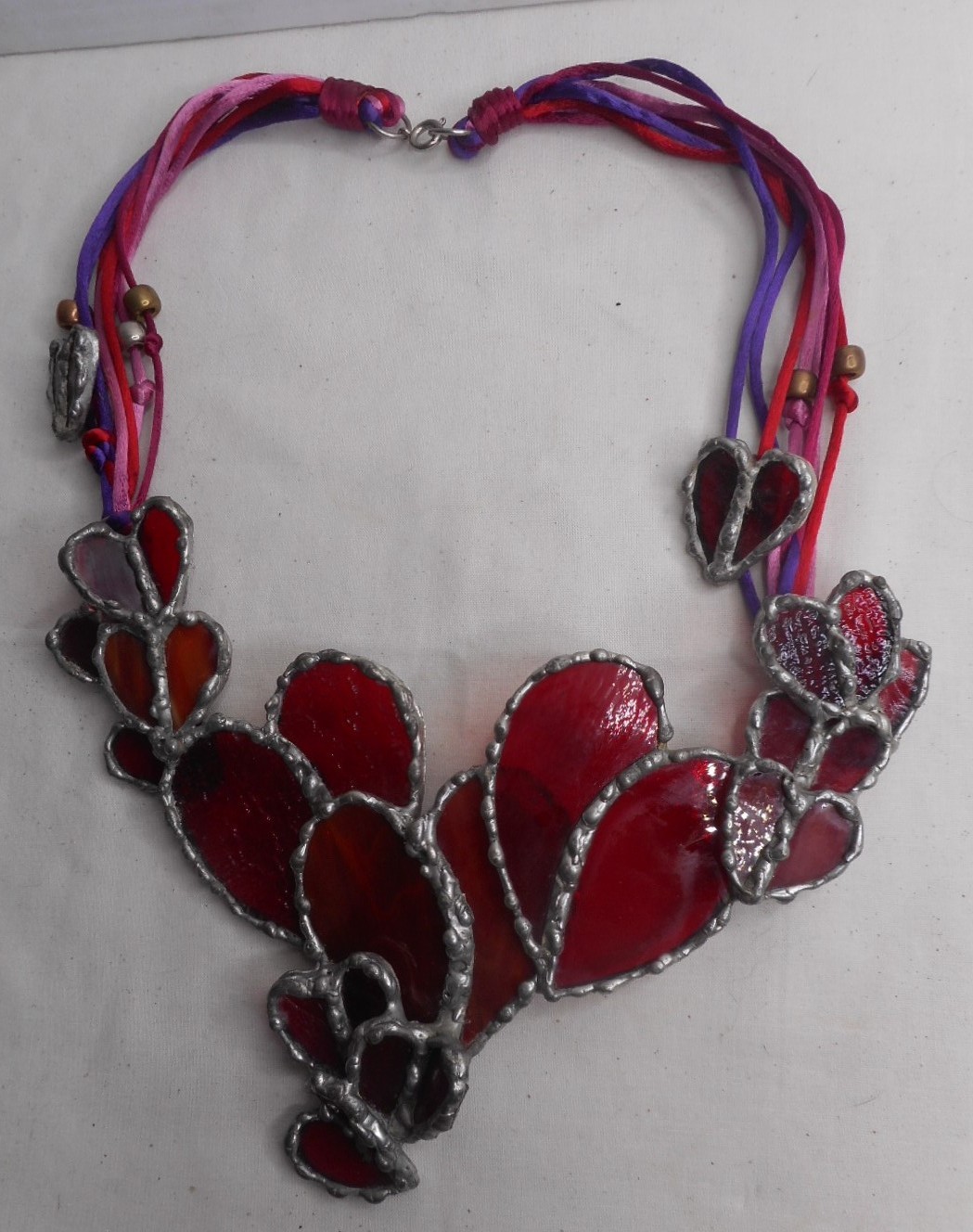 Vintage Victorian Stain Glass Gaudy Valentine Hearts Necklace 8″ W x 5.5″H x 14″