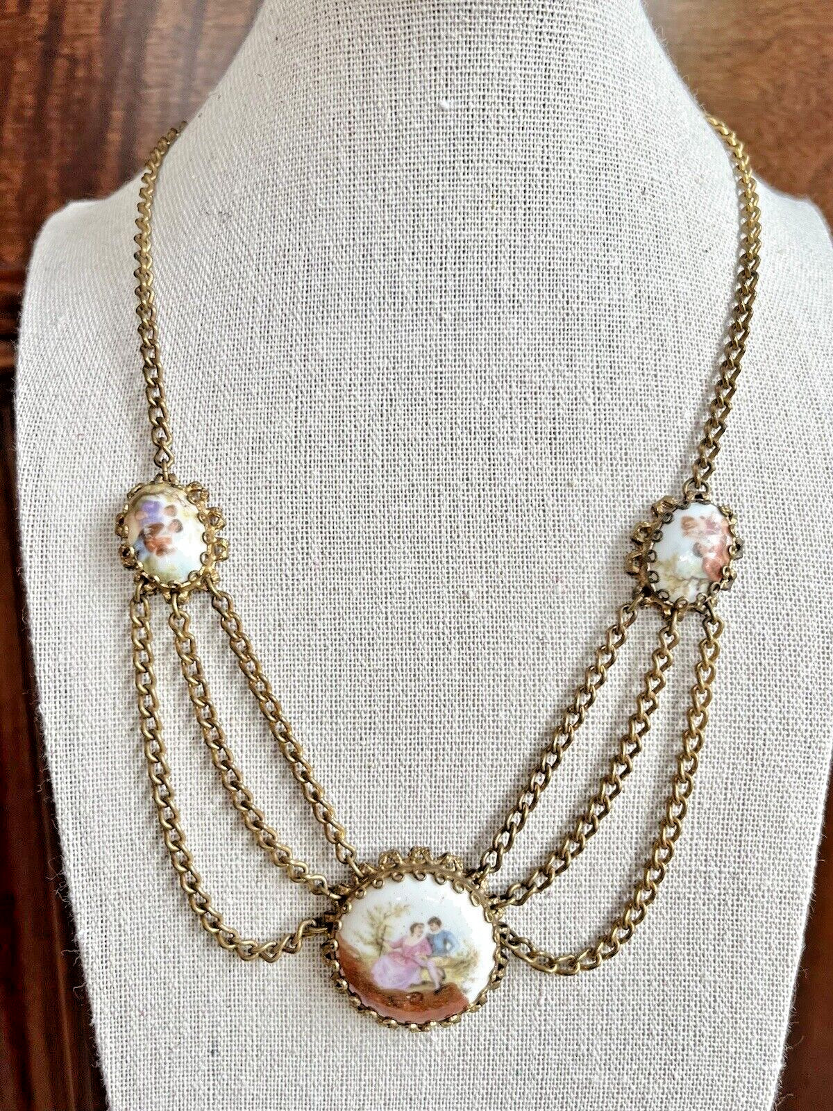 VTG Porcelain Festoon Necklace Transferware Courting Couple Statement Necklace