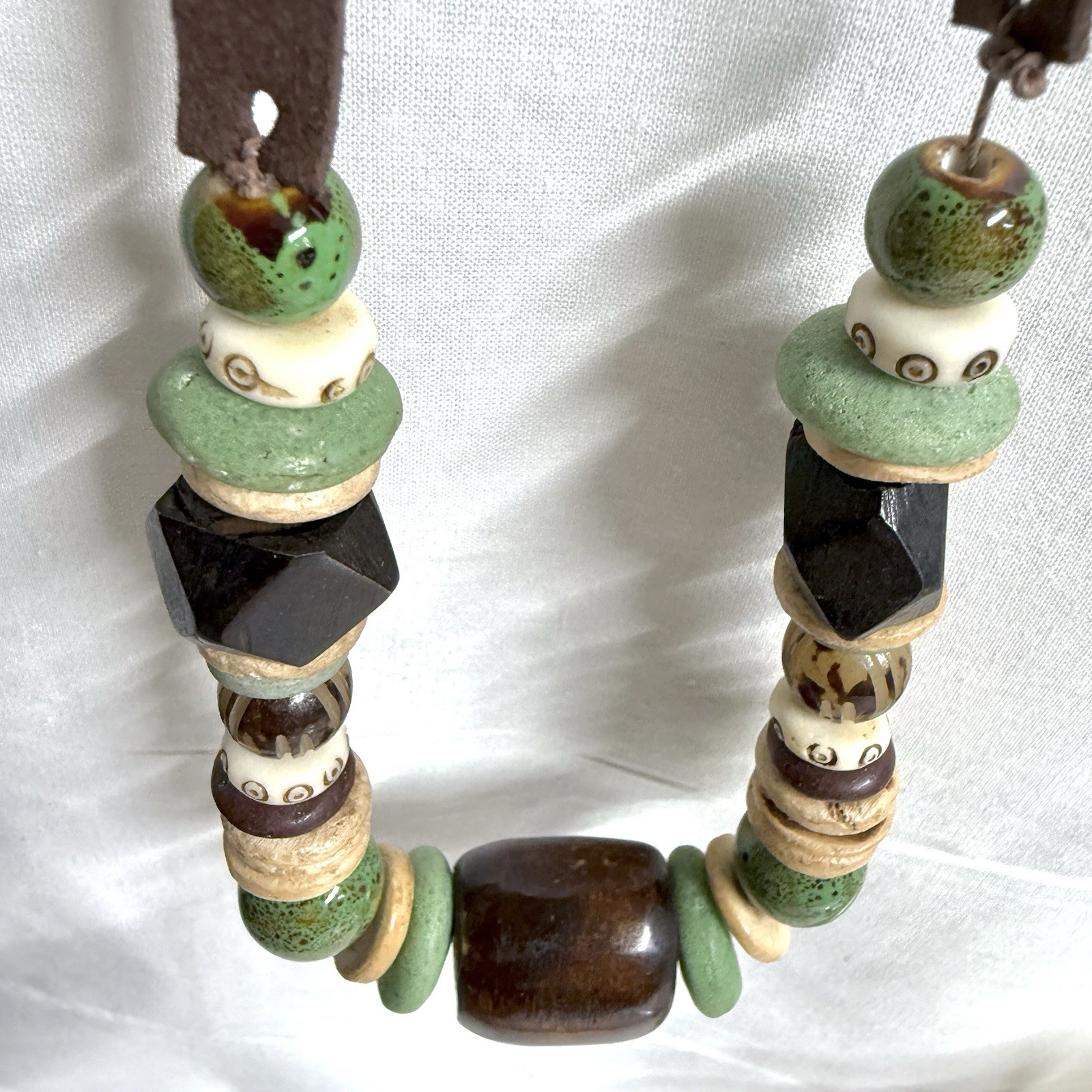 Vintage Boho Chunky Necklace Wood Ceramic Acrylic Beads on Suede Leather Cord