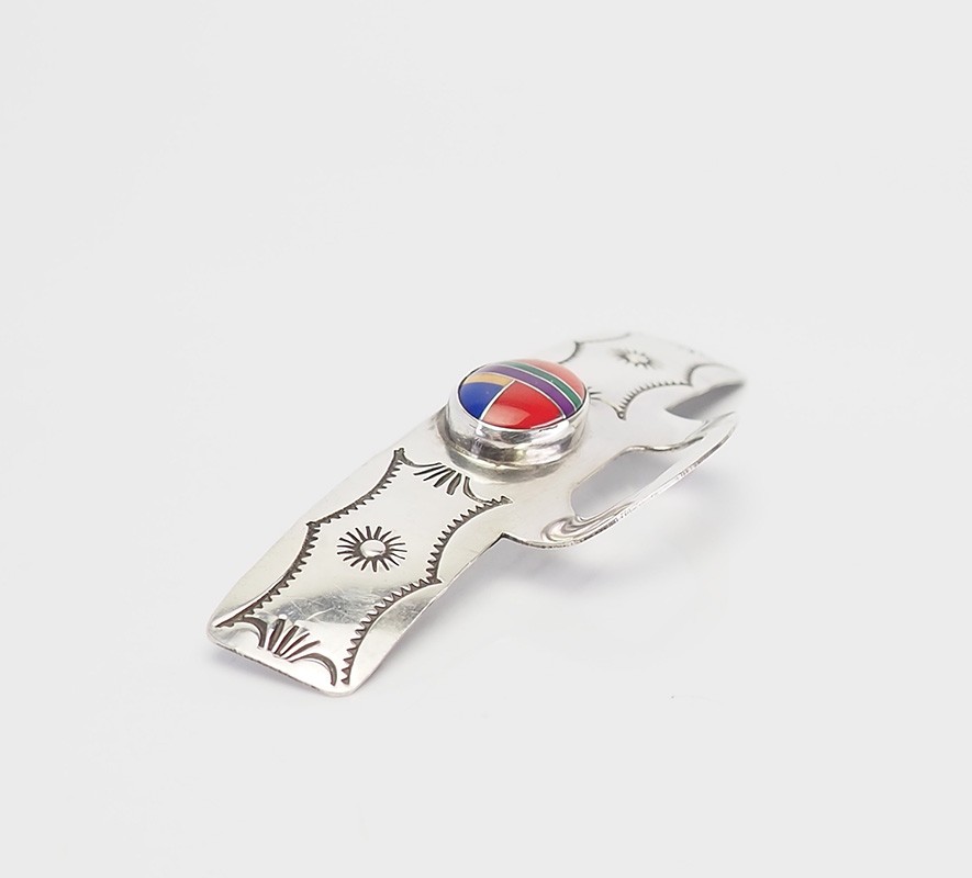 Vintage Native American sterling silver inlaid gemstones pin by Ben J Chavez