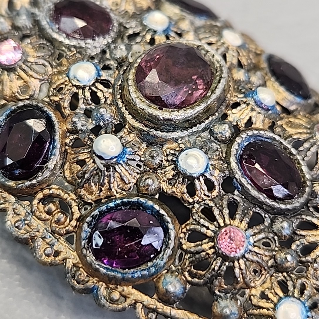 Vintage New England Glassworks Brooch Purple Rhinestones Needs Repair 3″