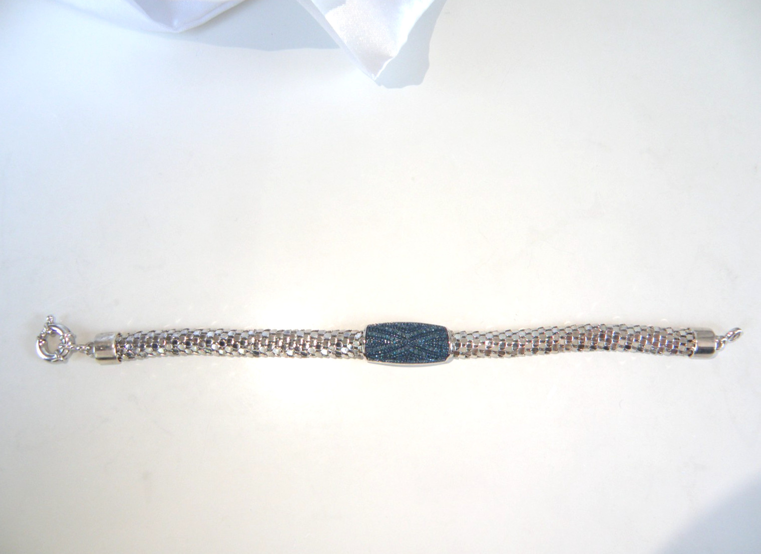 Sterling Silver 925 Natural Irradiated Blue Diamond Mesh Popcorn Bracelet 7″
