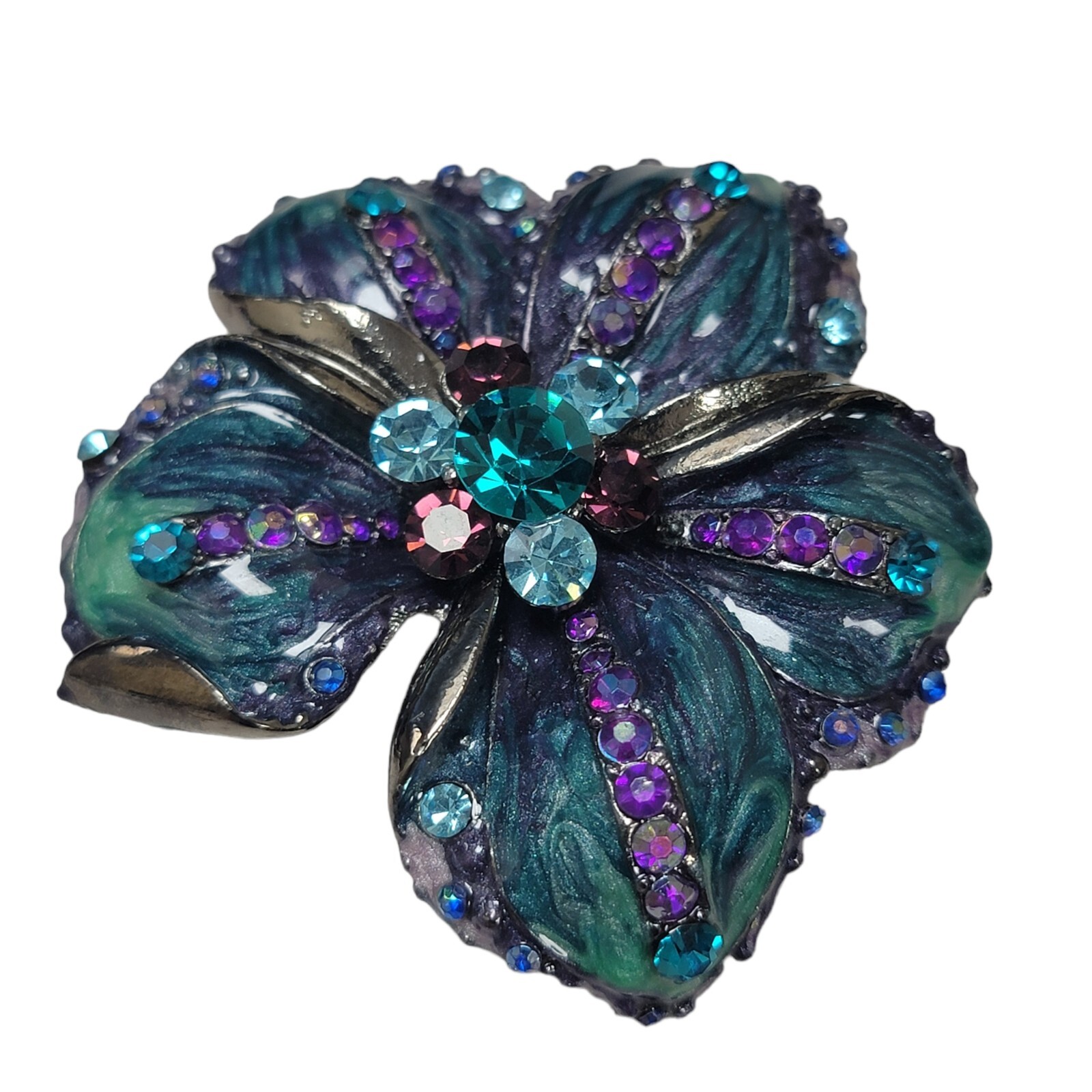 Vtg Estate Brooch 2″ Teal Purple Green Light Blue Rhinestone