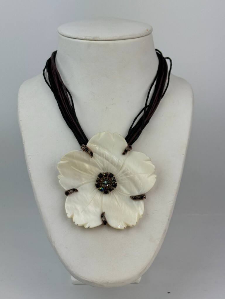 Plumeria Shell & Rhinestone FLOWER Pendant Necklace w/ Leather Cord