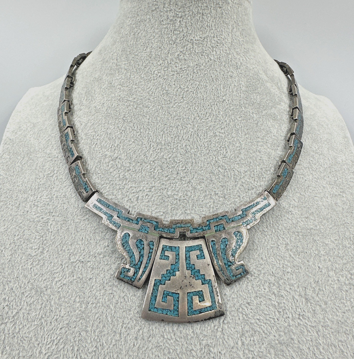 Vtg Taxco Sterling Turquoise Chip Inlay Panel Necklace 16.5″ 91.5g Signed PVB