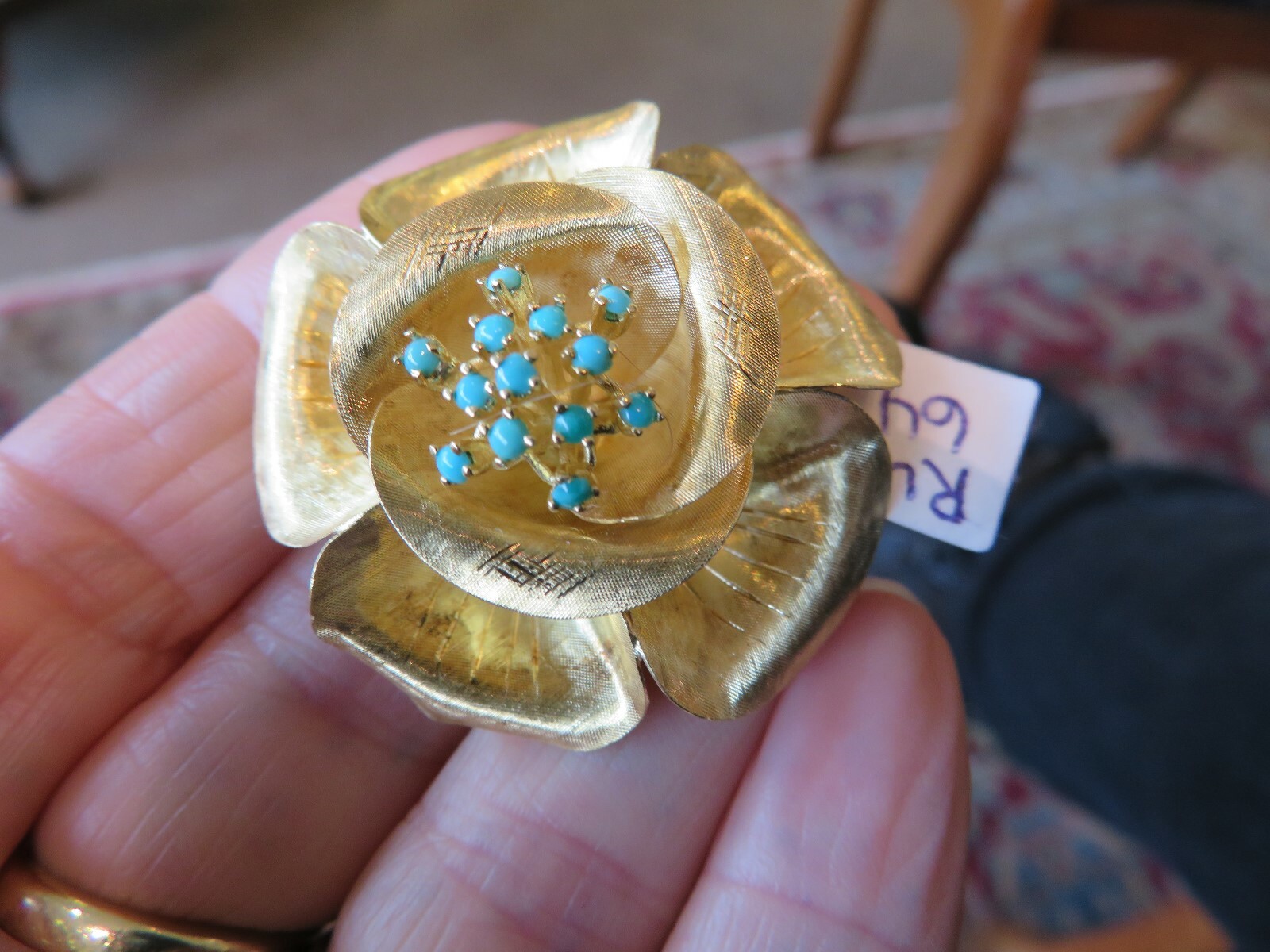 ART DECO 18K GOLD ITALY TURQUOISE FLOWER BROOCH 39 MM ROUND