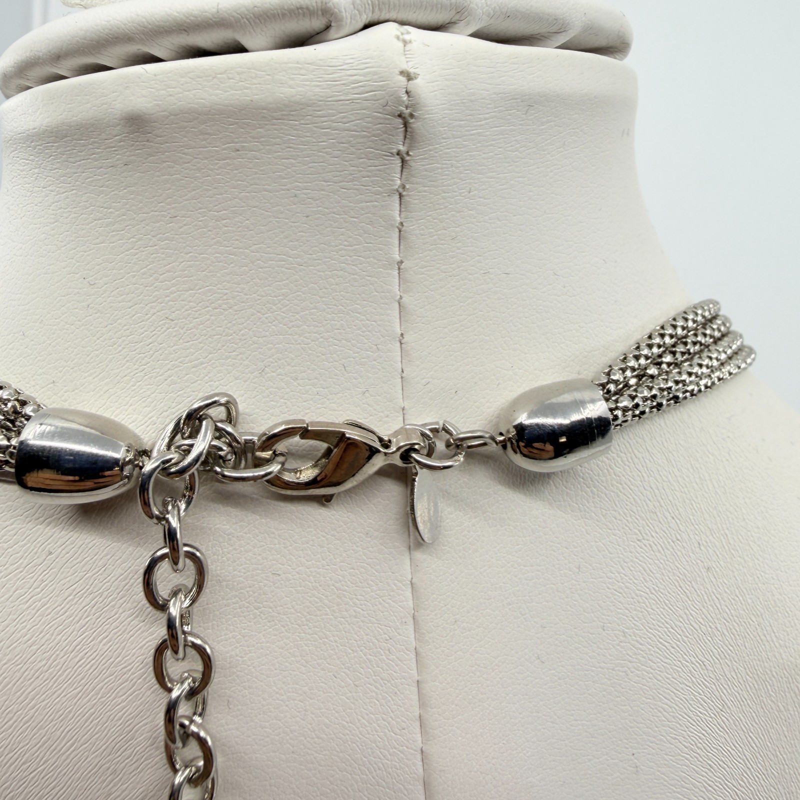 VTG Silver Tone Multi Strand Popcorn Chain Necklace Round Ball Bead Rhinestone