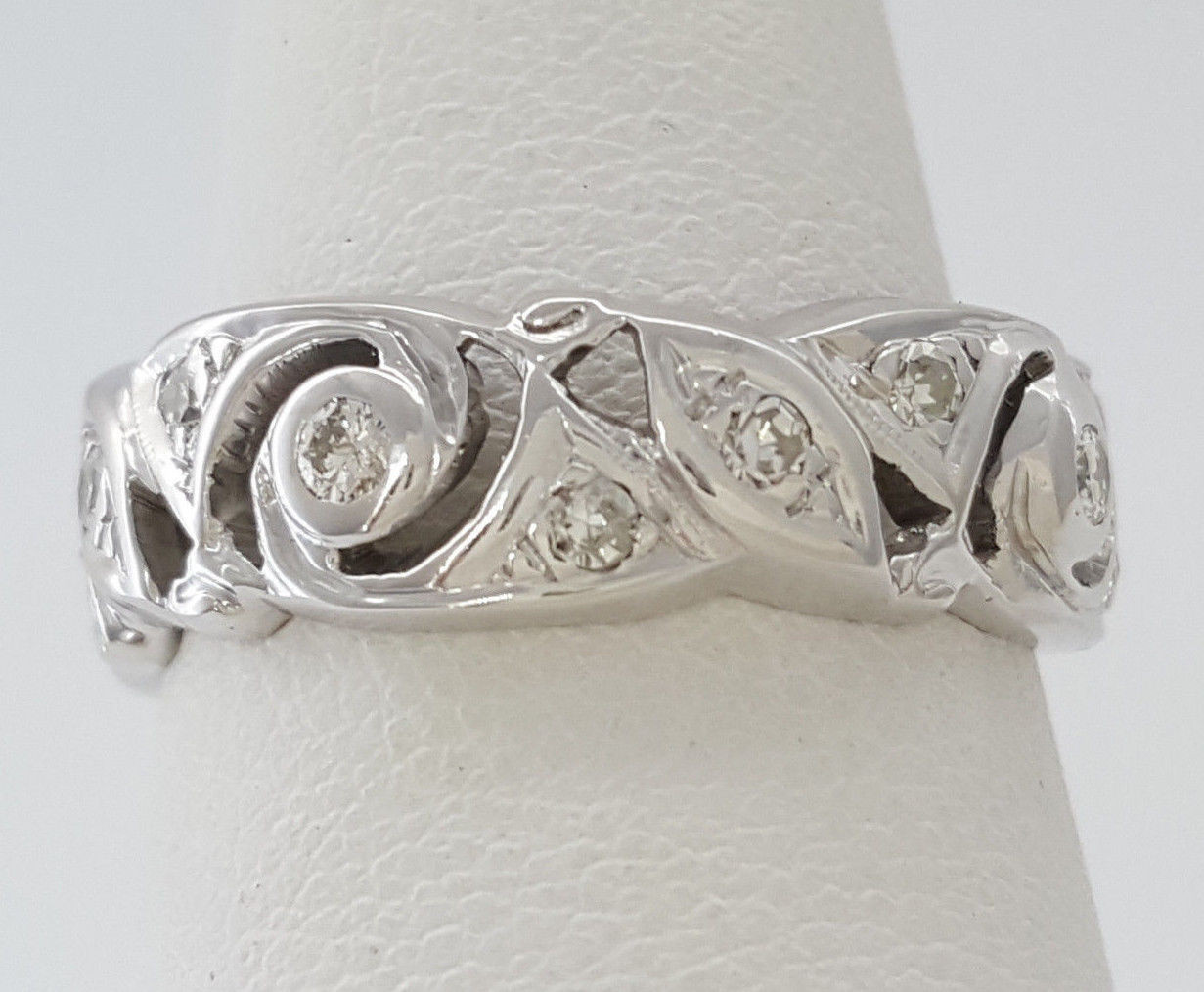 Antique Natural Round Diamond Flower Band Ring 14K White Gold 0.35 ct 6.5 mm