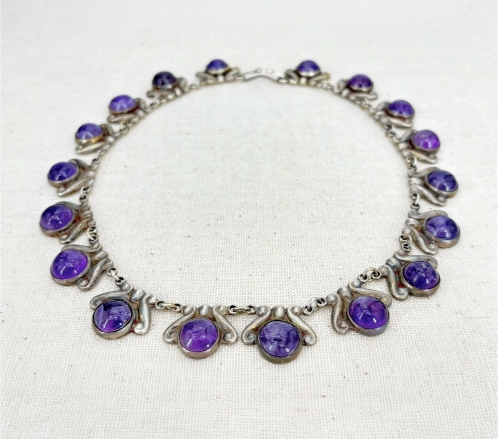 Vintage LOS CASTILLO 925 Sterling Silver Amethyst Floral Panel Link Necklace 15″
