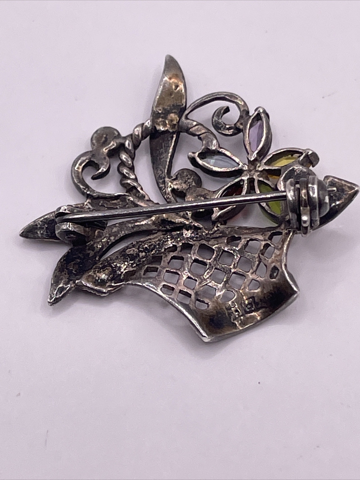 VTG Sterling Silver Marcasite Gemstone Flower Basket Brooch Pin Designer Signed