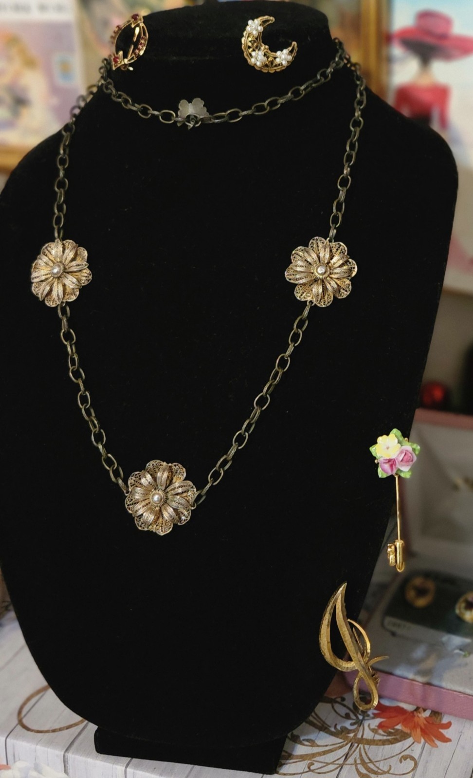 VTG Silver (tested) Filigree Flower Station Charms On Bronze-tone Chain