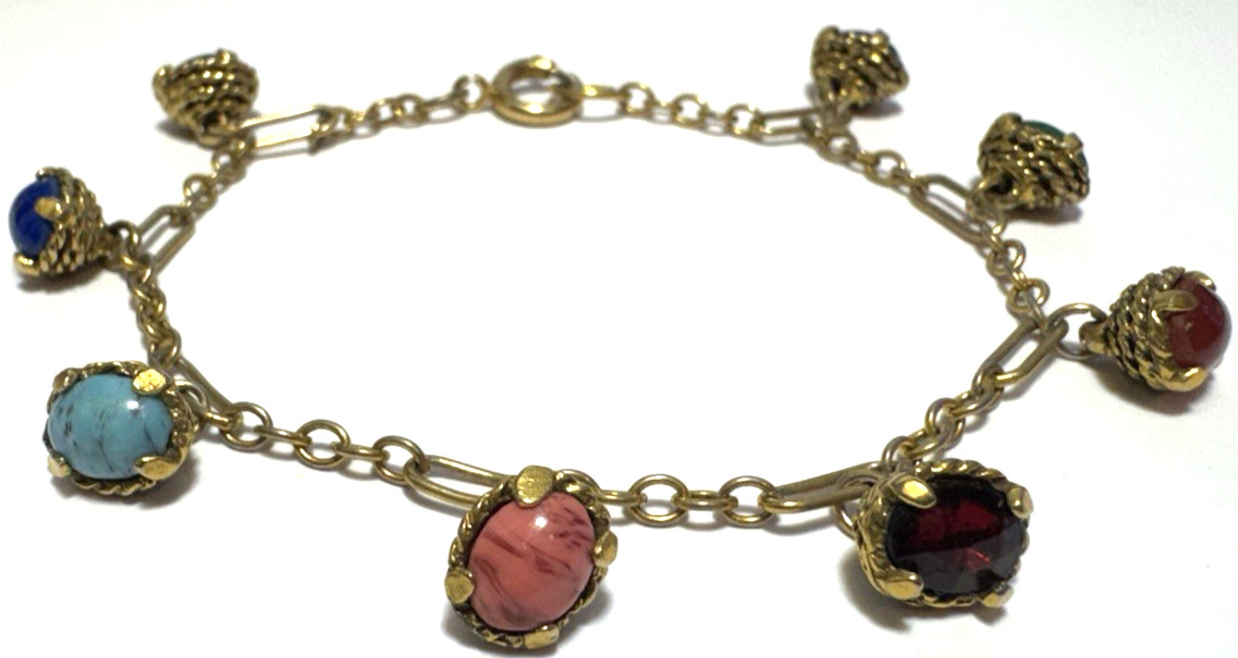 Vintage Jewelry Bracelet Gold Dainty Chain Dangle Ornate Dangle Revival Glass 2