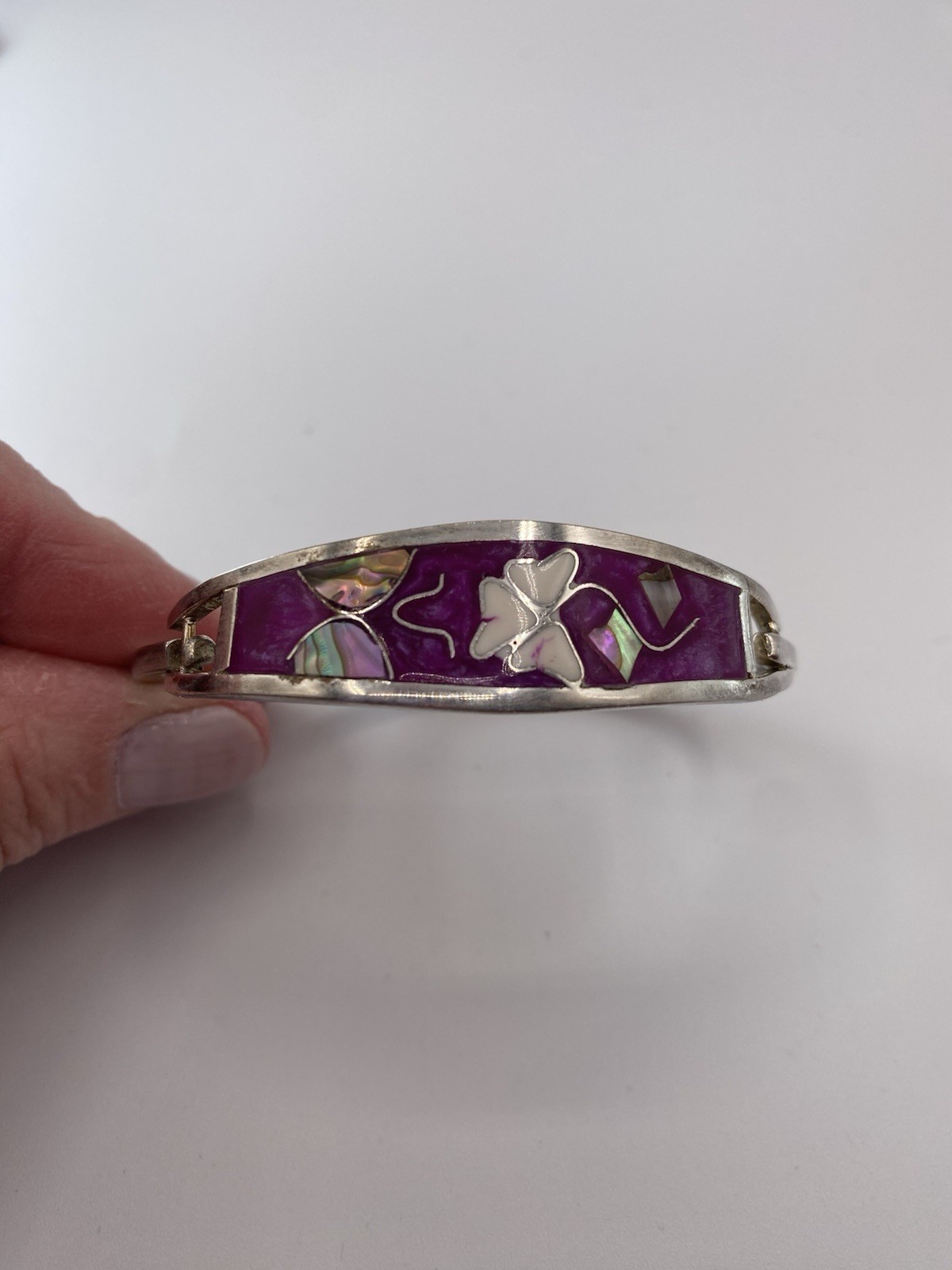 Pick (1)Mexico Silver Abalone Inlay Tension Cuff Bracelet-Black,Purple, or Pink
