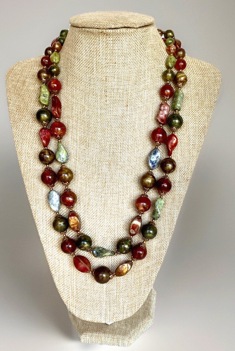 Vintage Crown Trifari Double Strand Necklace, Fall Colors, 24″ Long