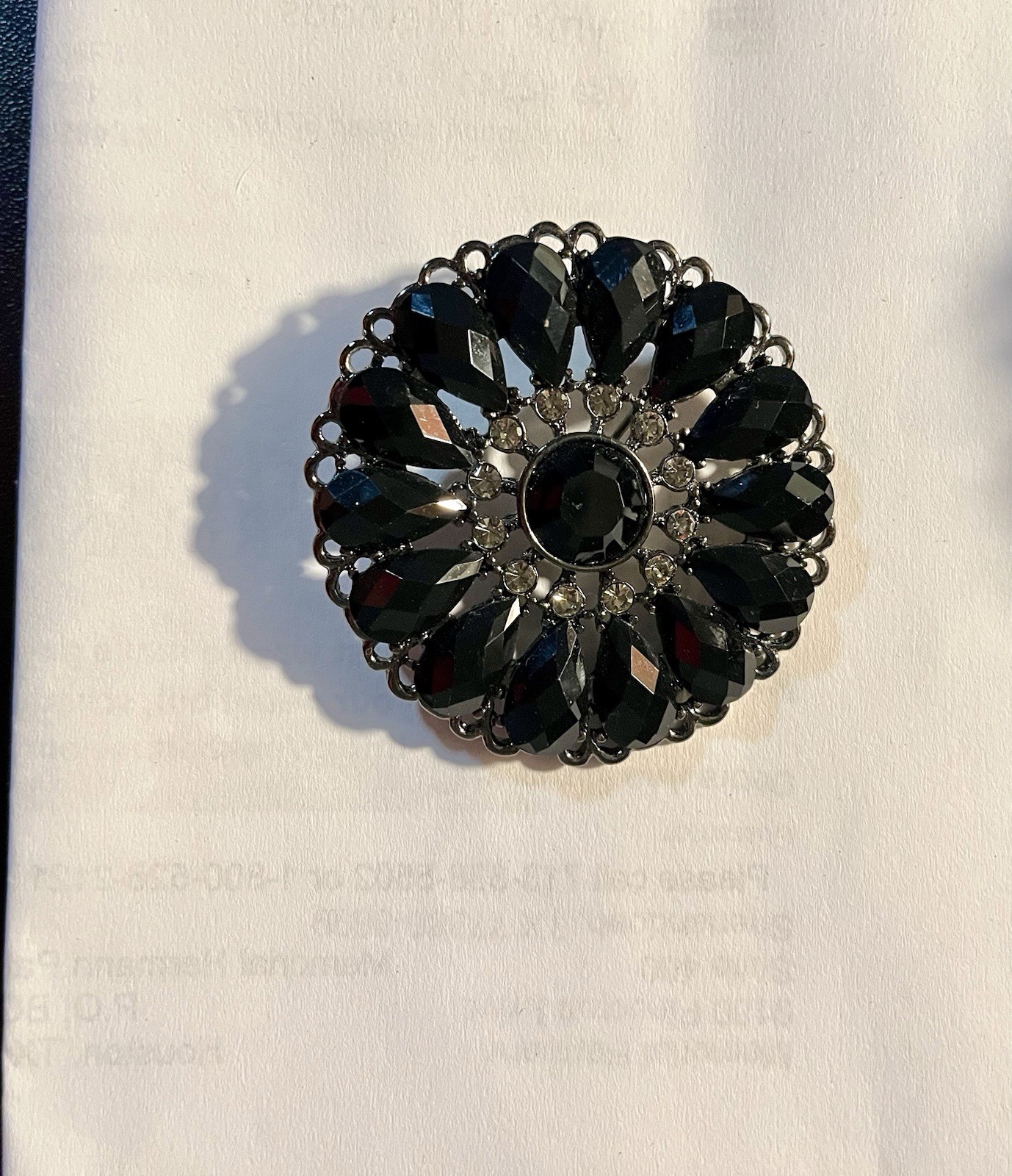 VTG Goth Flower Black Clear Rhinestone PREMIER DESIGN Mourning Brooch Pendant 2”