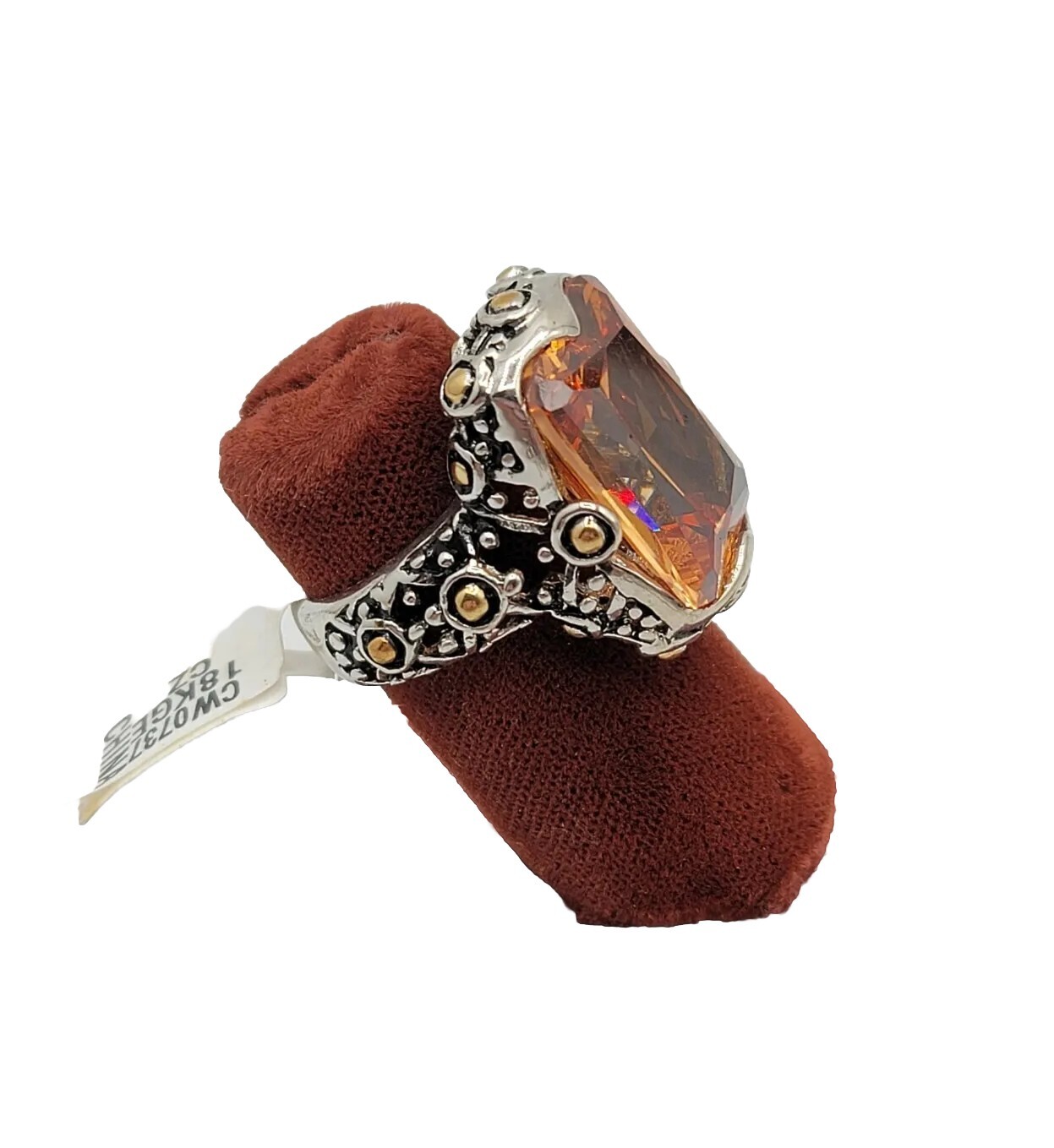 Vtg Sz 7 Ring Lg Citrine Topaz Cubic Zirconia 2-tone Statement Fashion Jewelry T