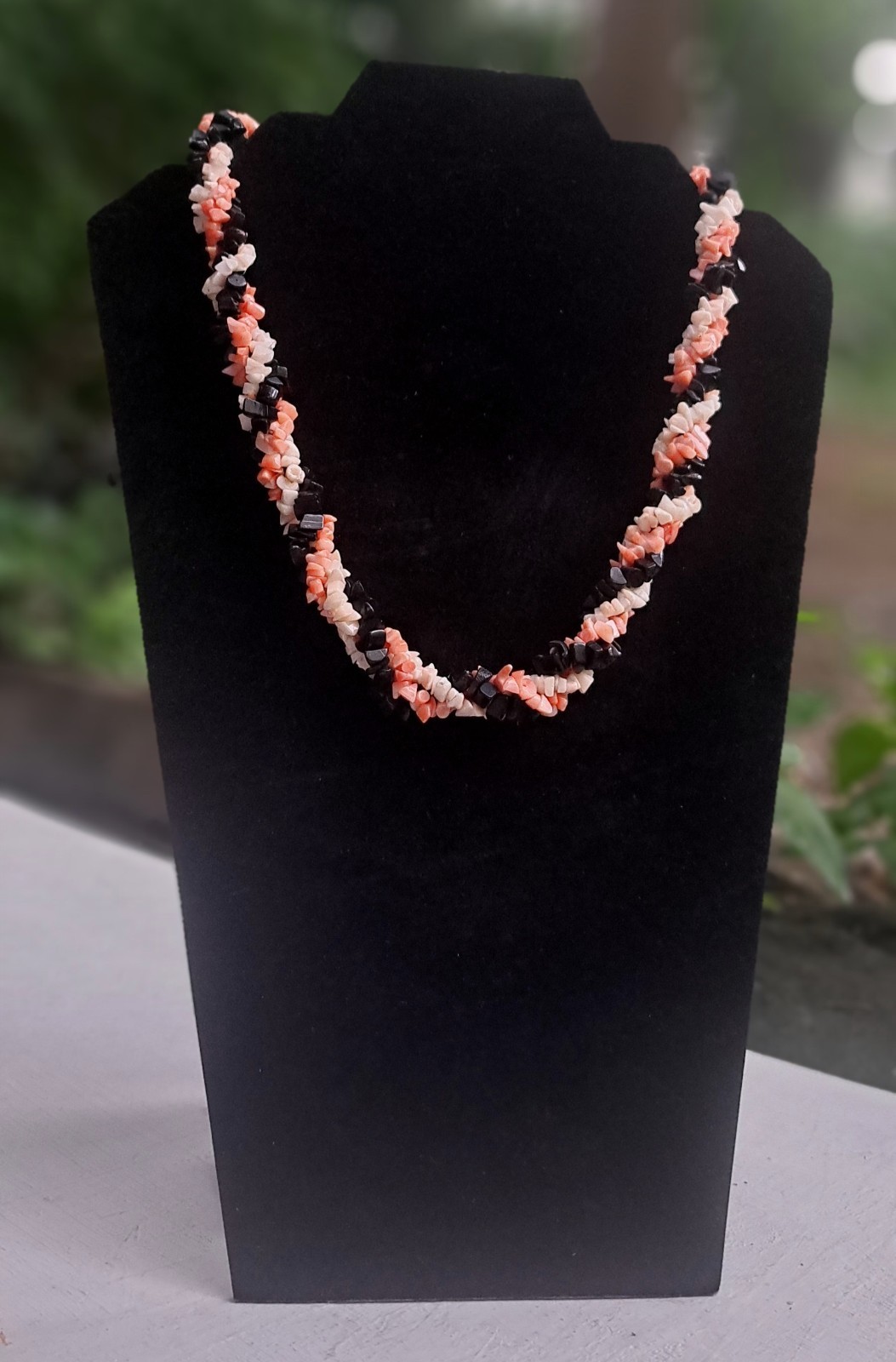 Gorgeous Pink Angelskin/Black/White Coral Necklace 19″ w/ Antique Fishhook Clasp