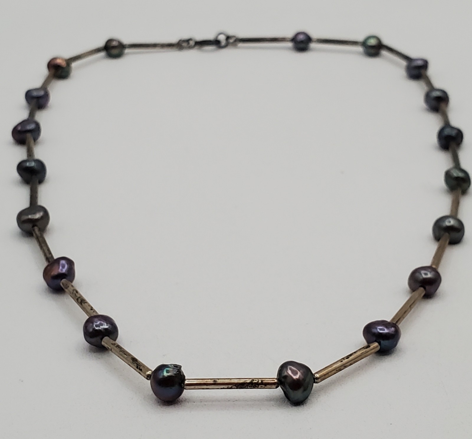 VTG 925 Peacock Pearl Necklace 16in Sterling Silver Bar Links 7g Gray Station