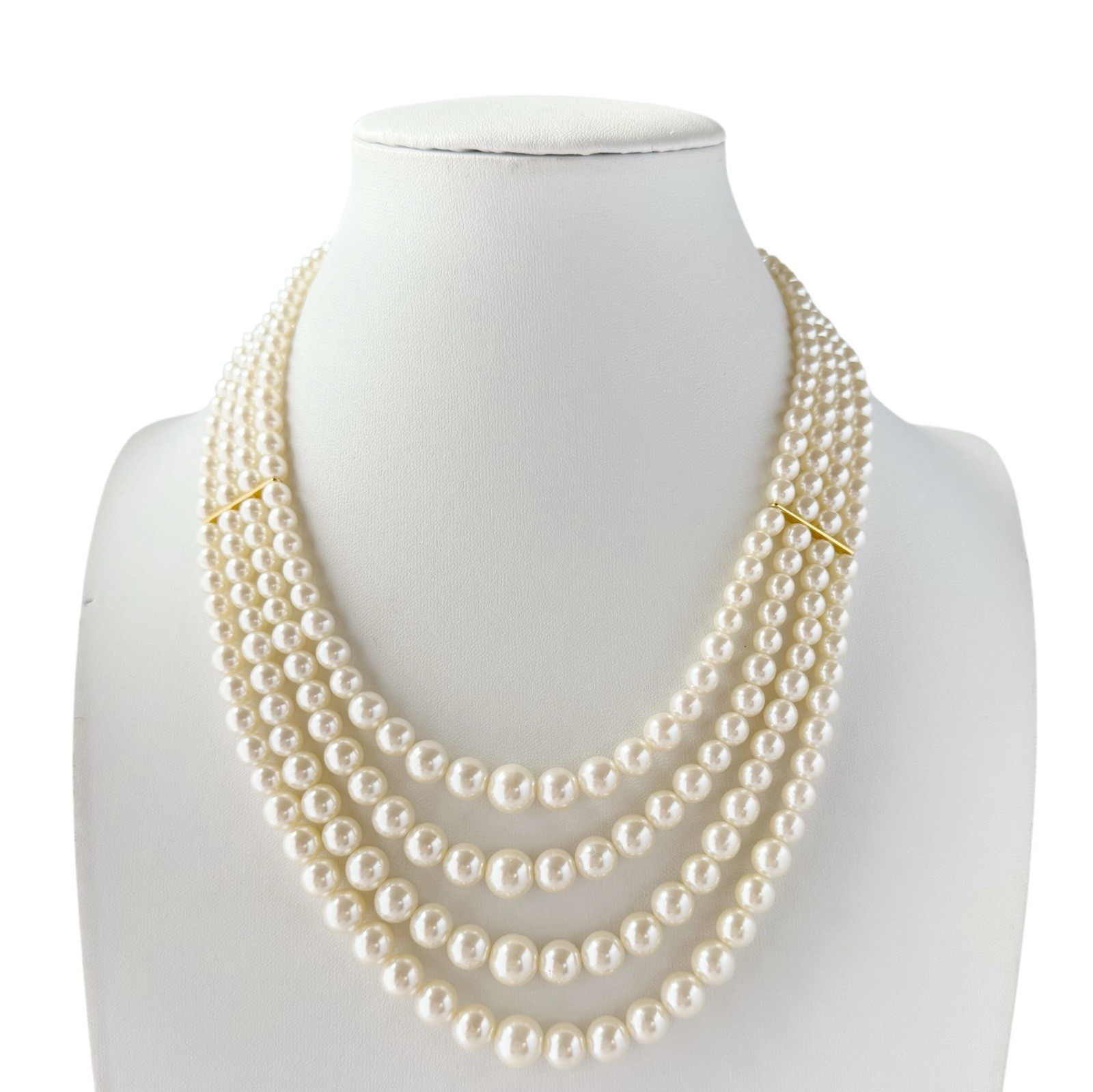 Vintage 4 Strand Faux Pearl Beaded Layered Hook Clasp Necklace