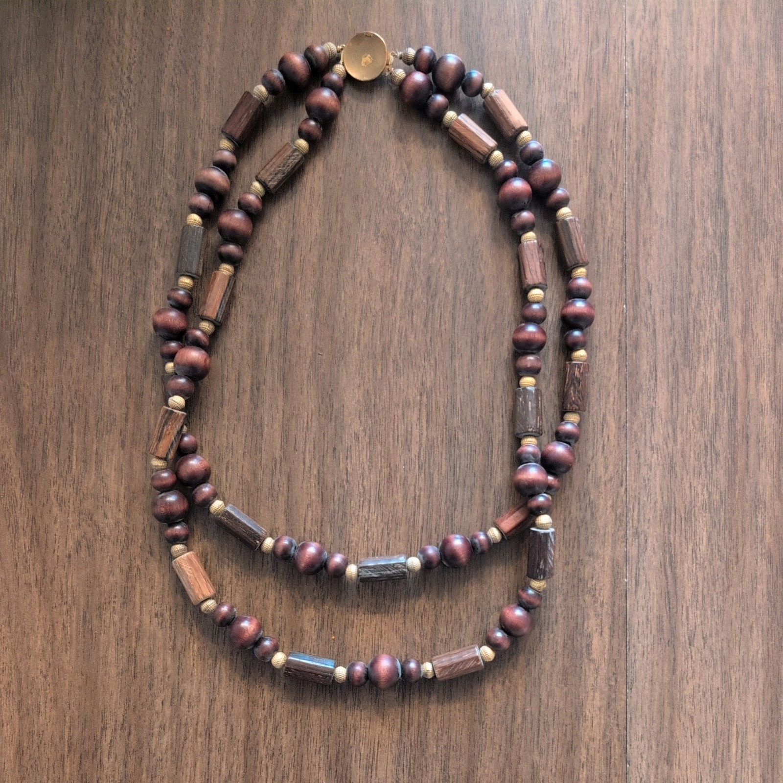 Vintage Art Deco necklace with brown and gold wooden beads boho cottage core MCM