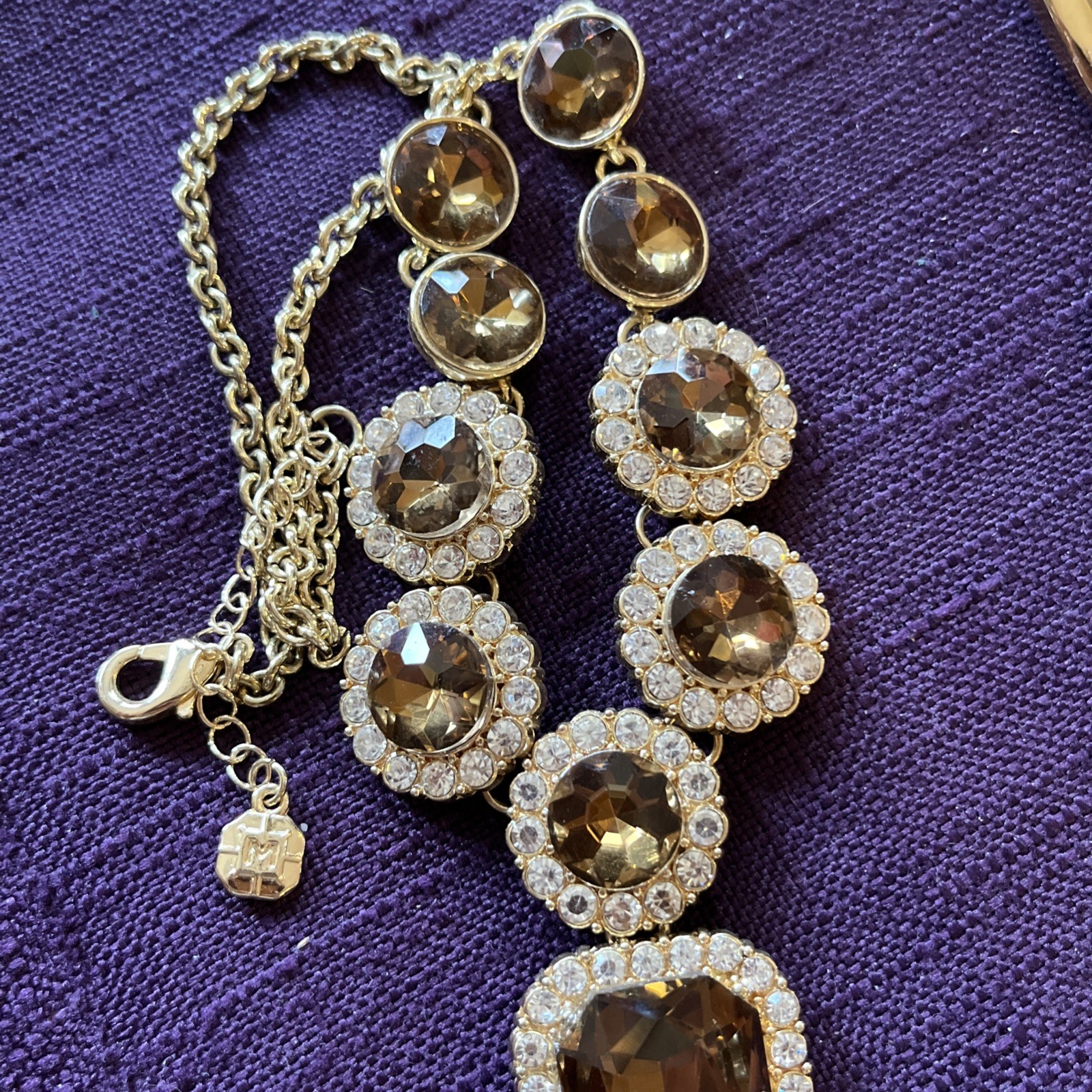 Vintage Monet Faceted Golden Topaz Crystal & Clear Rhinestone Statement Necklace