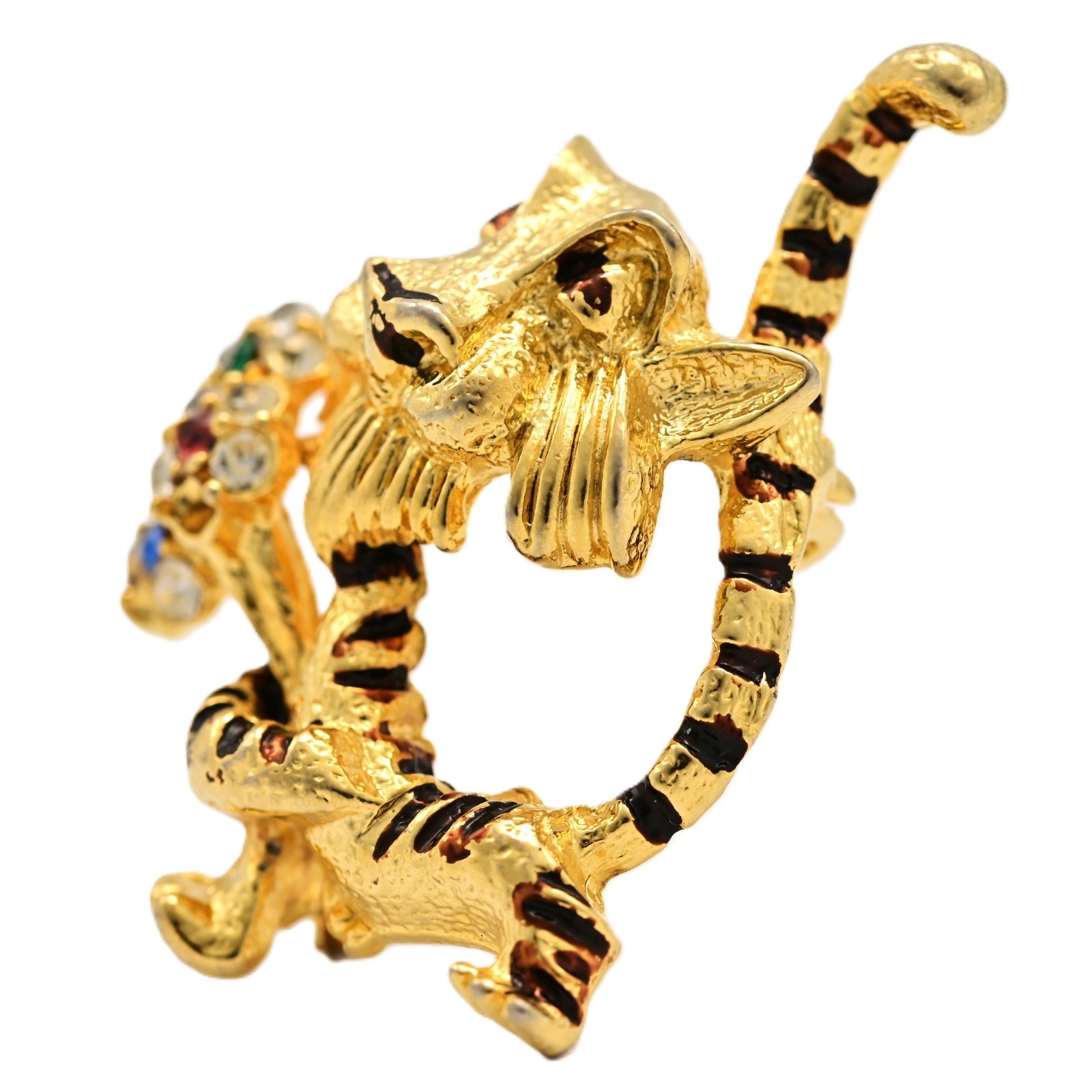 J MAZER Original Vintage Multi Rhinestone Enamel Estate Flower Tiger Brooch Pin