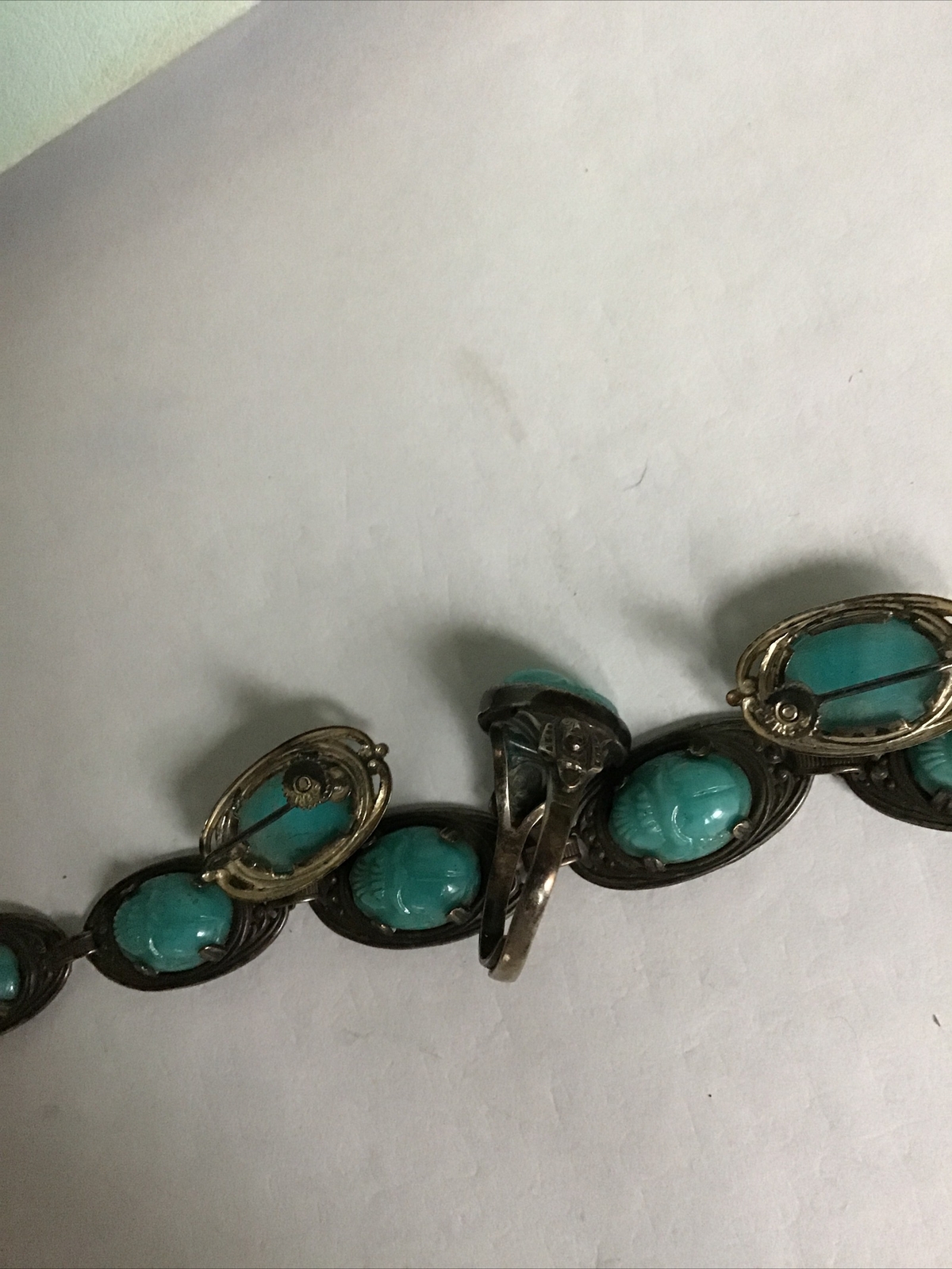 Art Deco Egyptian Revival Matching Scarab Beetle Bracelet/Sterling Ring/Earrings