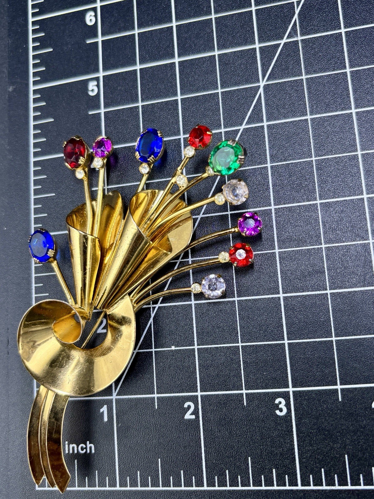 Coro Craft Adolph Katz Sterling Silver Vermeil Rhinestone Flower Spray Brooch