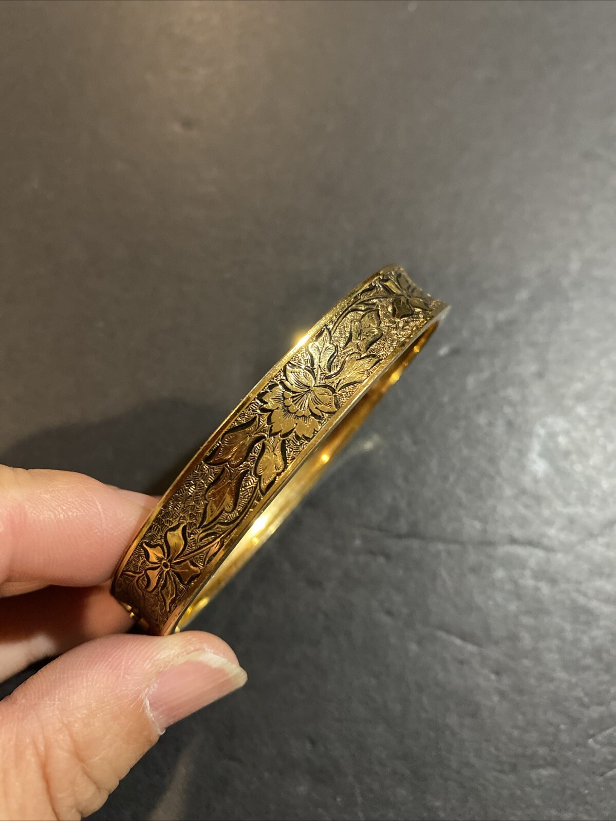 Vintage Signed RINE Yellow Gold Filled Etched Bangle Bracelet