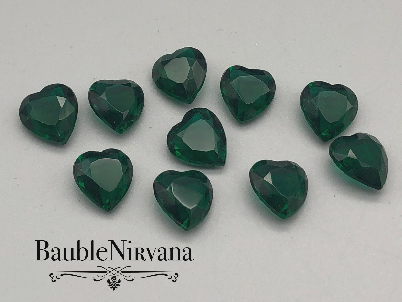 Vintage Heart Shaped Dark Emerald Green Glass Faceted Rhinestones Set 10