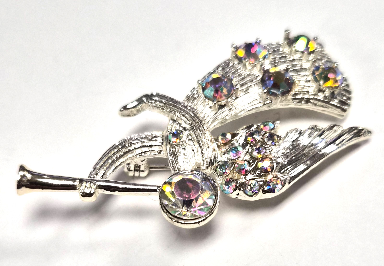 Vintage 90’s Christmas Trumpet Angel W/ Aurora Borealis Rhinestones Pin / Brooch